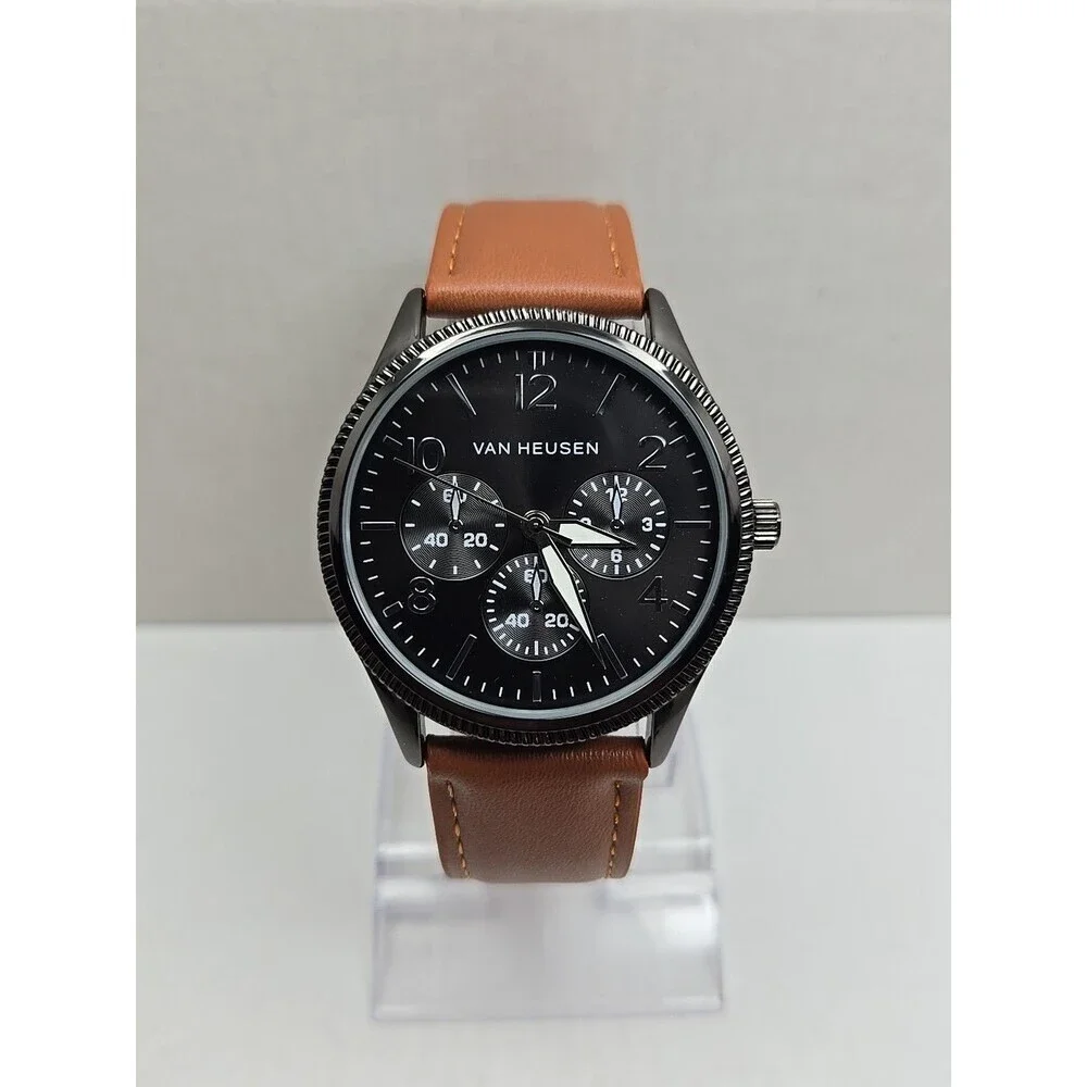 Van Heusen VAN5704RO Mens Black Multi Dial Leather Quartz Watch New Battery